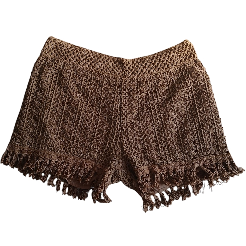 Umgee Tan Crochet Fringe Shorts S